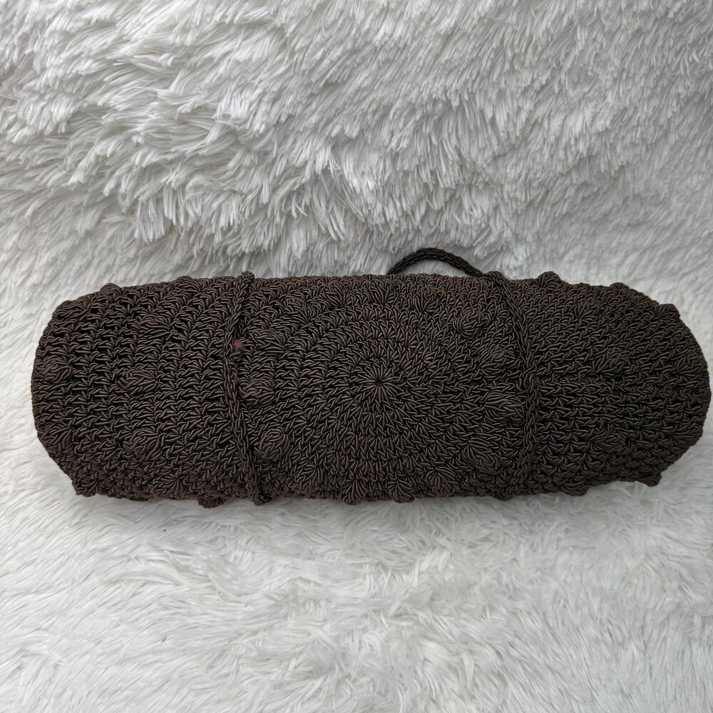 1940s Vintage Brown Cordé Crochet Handbag Gold Leaf Pull Double Handle 14” - Picture 14 of 16